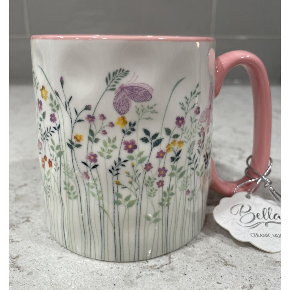 BUTTERFLY FLOWER FIELD 10 Strawberry Street Bella Mug Pink Wild Floral NEW